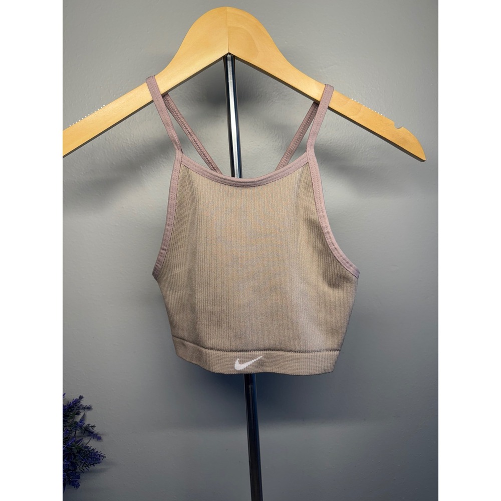 Nike Dri-FIT Seamless Ribbed High Neck Cross Back Crop Top Taupe DV9966-272 S
